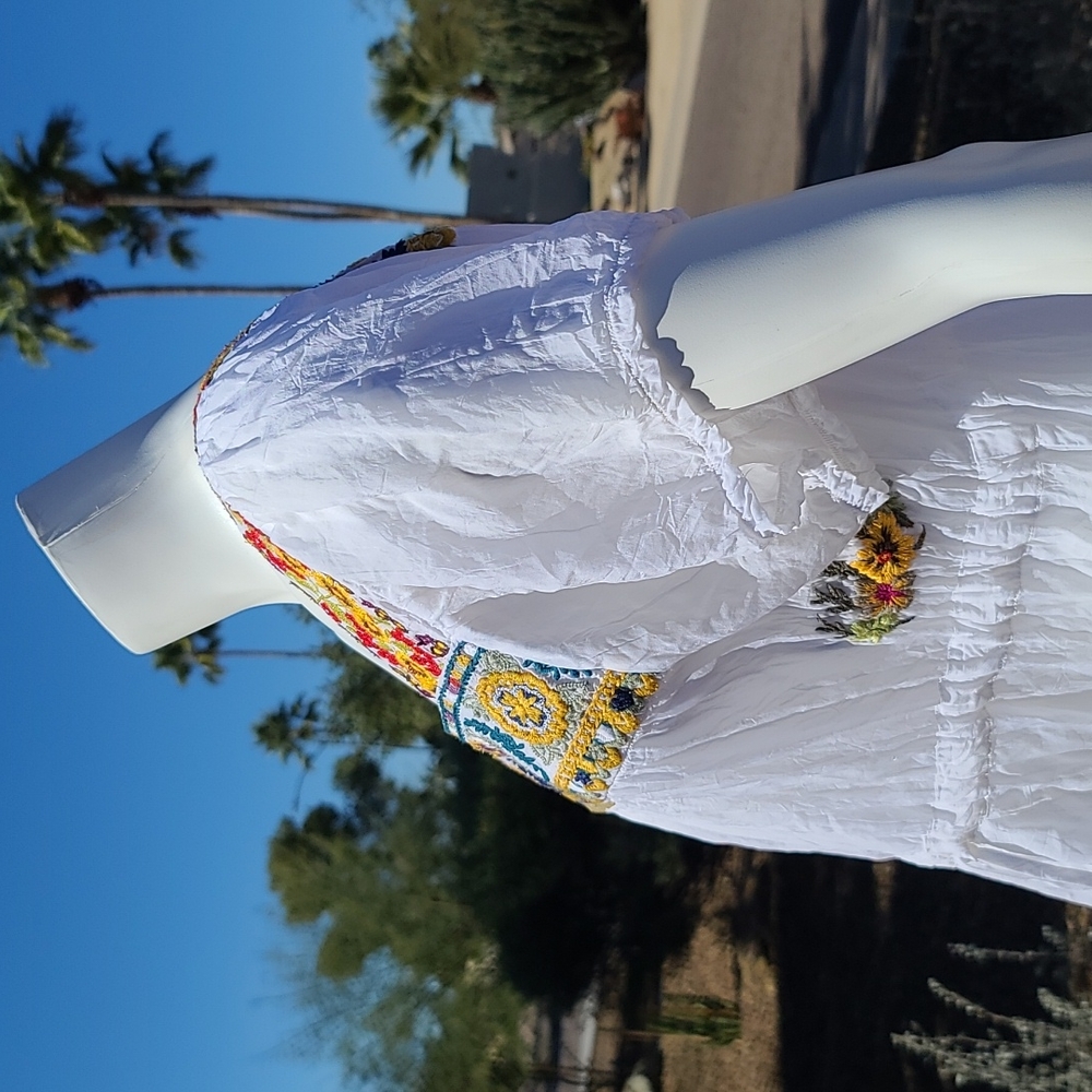 JOHNNY WAS ANTHRO White Embroidered Cotton Mini Dress M Boho Cover Up Mexico - Picture 13 of 17
